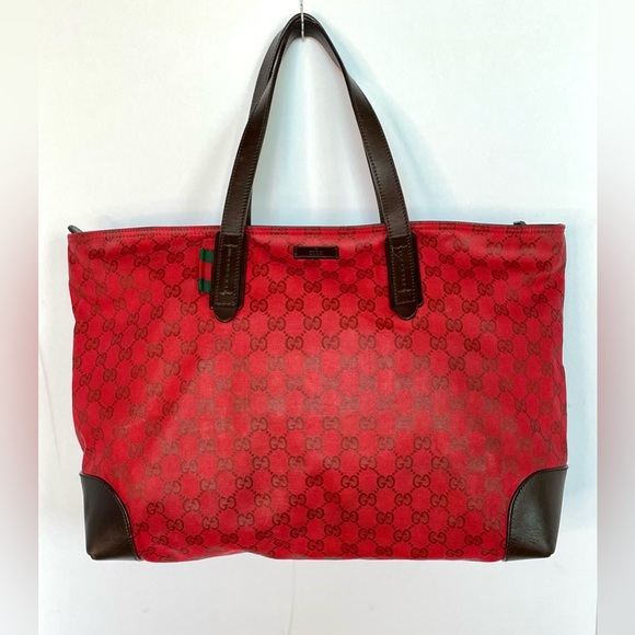 Gucci Red GG Canvas Tote Bag with Brown Leather Trim Corners Shopper Authentic - Picture 4 of 16